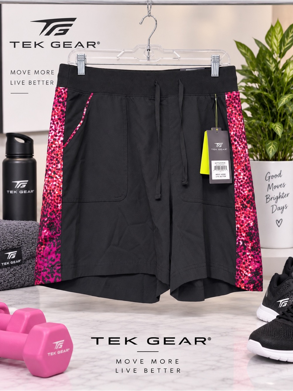 🖤 NWT Tek Gear DryTek Athletic Shorts – Pink Leopard Print – Size 1X